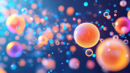 Abstract digital art showcasing colorful spheres resembling microbial life, set against a vibrant background. Perfect for scientific and artistic themes.の素材
