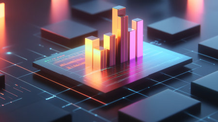 A vibrant digital representation of data analysis with colorful bar graphs. Ideal for illustrating technology, statistics, and modern business insights.の素材
