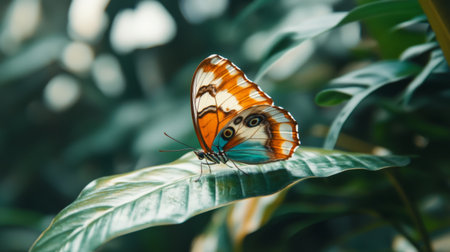 A stunning butterfly with vibrant orange and blue wings rests delicately on a green leaf, showcasing the beauty of nature in a serene environment.の素材