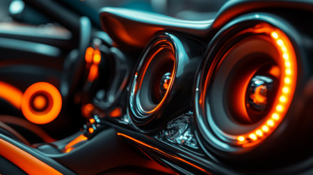 A close-up view of a modern car interior featuring stylish audio speakers and vibrant orange lighting, highlighting the interplay of technology and design.の素材