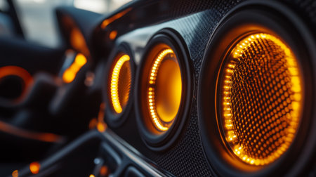 Stunning close-up view of a car audio system featuring glowing orange lights, showcasing modern technology and intricate design elements for music lovers.の素材