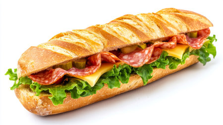 A fresh sub sandwich featuring layers of lettuce, salami, cheese, and pickles in a crispy bread, perfect for a quick meal or snack.の素材