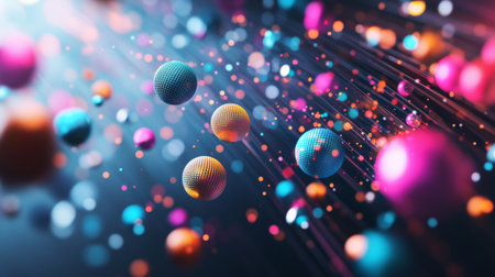 This vibrant abstract image showcases colorful spheres in motion, illuminated by dynamic light rays. Perfect for creative projects, it evokes energy and modern design.の素材