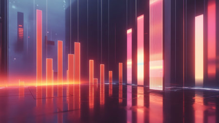 A vivid and modern abstract representation of bar charts in a futuristic space, featuring glowing colors and reflections that create a dynamic atmosphere.の素材