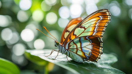 A stunning close-up of a vibrant butterfly resting on a green leaf. The beautiful wings display vivid colors and intricate patterns, set against a soft bokeh background.の素材