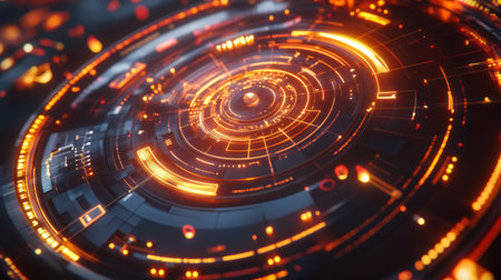 Vibrant abstract illustration featuring a futuristic digital design with glowing circles and intricate patterns, perfect for technology and innovation themes.の素材