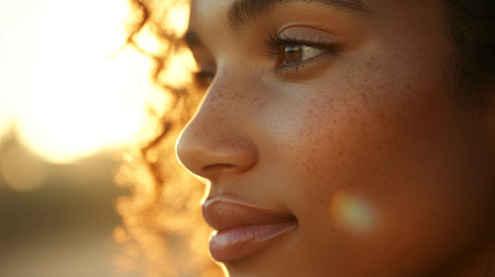 A captivating close-up of a young woman's profile, illuminated by warm sunset light, showcasing her natural beauty, freckles, and curly hair against a serene background.の素材