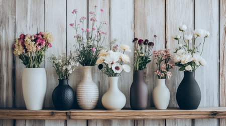 A beautiful display of assorted flower vases filled with fresh blooms on a wooden shelf, showcasing elegance and tranquility in interior decor.の素材