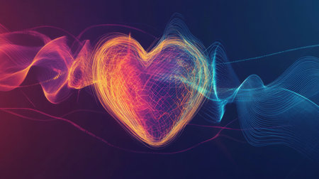 Vibrant heart shape illuminated by colorful light waves, symbolizing love and connection in an abstract digital style. Perfect for creative projects.の素材