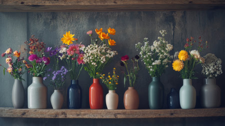 A vibrant display of flowers in various vases on a rustic shelf, perfect for home decoration or inspiring design ideas in a bright, cheerful setting.の素材