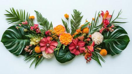 A vibrant floral arrangement featuring tropical flowers and lush greenery, perfect for decor or event styling. Adds a touch of color and elegance.の素材