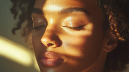A closeup portrait of a serene woman bathed in natural light, showcasing soft skin and gentle shadows. This image captures tranquility and beauty.の素材