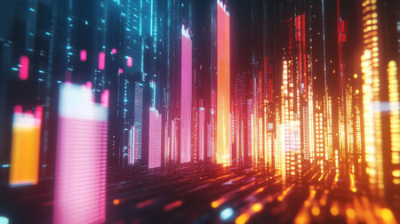 Immerse in a vibrant digital landscape with colorful data visualizations. This abstract image portrays glowing patterns and vertical lines, creating a futuristic ambiance.の素材