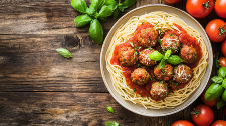 A delicious plate of meatballs served over spaghetti, garnished with fresh basil and surrounded by ripe tomatoes. Perfect for Italian cuisine lovers.の素材