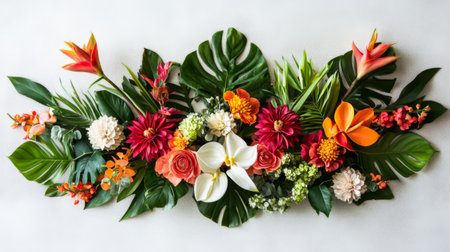 A vibrant tropical floral arrangement featuring bright blooms and lush green leaves creates a stunning visual display perfect for events or decor.の素材