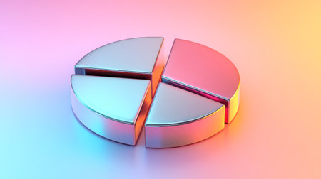 A vibrant metallic pie chart design featuring four segments. This modern three-dimensional representation offers a colorful gradient, perfect for business and data presentations.の素材