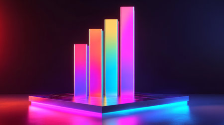 A vibrant neon bar chart illuminated against a dark background, symbolizing data analysis and progress. Perfect for modern business and tech themes.の素材