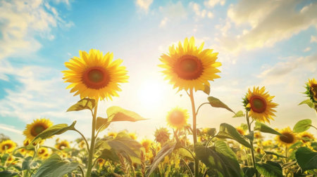A beautiful field of sunflowers basking in the warm sunlight, showcasing vibrant colors under a bright sky, perfect for nature and agricultural themes.の素材