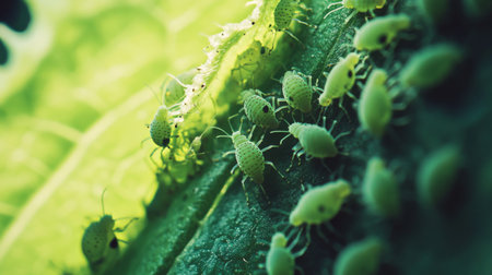 This macro image showcases a cluster of green insects on a leaf, highlighting the vibrant colors and intricate details of nature. Perfect for illustrating biodiversity and ecosystems.の素材