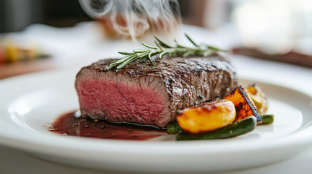 A mouthwatering steak garnished with fresh rosemary, served alongside grilled vegetables. Perfect for gourmet dining and culinary presentations.の素材