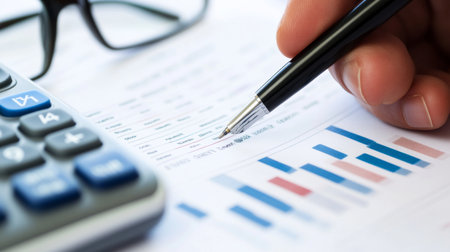 A close-up view of a hand holding a pen over financial charts, accompanied by a calculator and eyeglasses, illustrating meticulous business analysis in progress.の素材