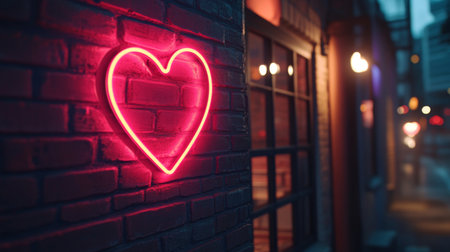 A glowing neon heart light mounted on a textured brick wall creates a romantic and vibrant atmosphere in an urban setting, perfect for nightlife.の素材