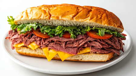 Enjoy a mouthwatering roast beef sandwich stacked high with fresh lettuce, tomatoes, and melted cheese on a soft bun. Perfect for lunch or dinner!の素材