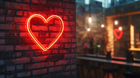 A striking neon heart sign glowing against a rustic brick wall in a stylish cafe. This image captures a warm ambiance perfect for romantic settings or trendy venues.の素材