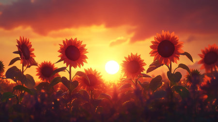A stunning view of sunflowers silhouetted against a vibrant sunset. The scene captures the beauty of nature, with warm colors and peaceful surroundings.の素材