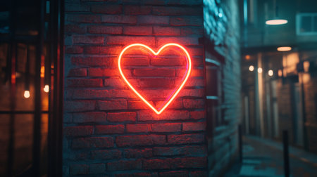 A vibrant neon heart sign glowing on a brick wall in an urban alleyway at night. This photo captures a romantic and creative city atmosphere.の素材