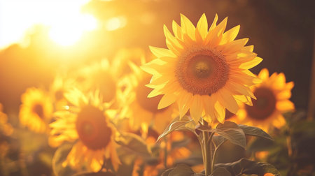 A stunning close-up of a bright sunflower basking in the warm glow of sunset. The vibrant yellow petals shine against a serene background, embodying beauty and tranquility in nature.の素材
