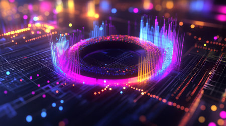 A vibrant and colorful abstract design featuring waveforms and digital patterns. This modern artwork creates a dynamic atmosphere, perfect for technology or digital themes.の素材