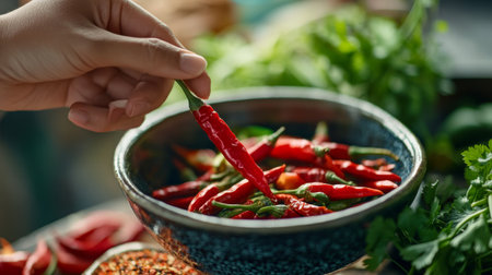 A hand reaching for fresh red chili peppers in a ceramic bowl, symbolizing vibrant cooking ingredients. Perfect for food styling and culinary themes.の素材