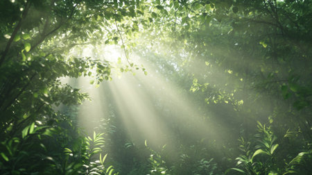 A serene scene of sunlight filtering through a lush green forest canopy, creating a tranquil atmosphere with rays of light illuminating the vibrant foliage.の素材