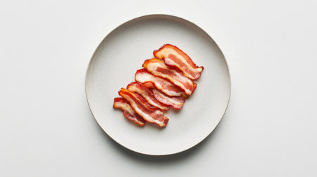 Delicate slices of crispy bacon arranged on a simple white plate, showcasing a minimalist presentation ideal for food photography or culinary art.の素材