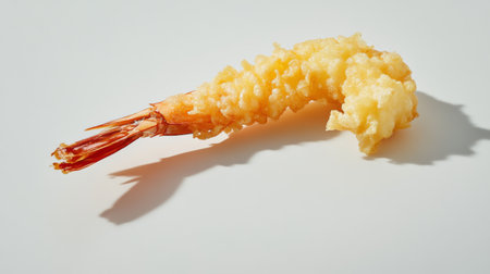 A close-up image of a crispy tempura shrimp showcasing its golden, textured coating. Perfect for culinary and food-related projects, illustrating delicious seafood.の素材
