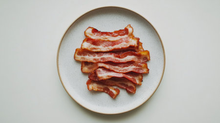 A visually appealing arrangement of crispy bacon strips served on a white plate. Perfect for food photography, breakfast menus, or culinary art.の素材