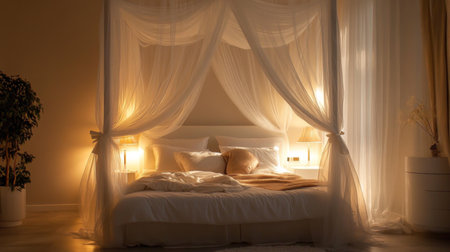 A cozy bedroom featuring a stylish canopy bed draped in soft curtains, illuminated by warm lights, creating a serene and inviting atmosphere for relaxation.の素材