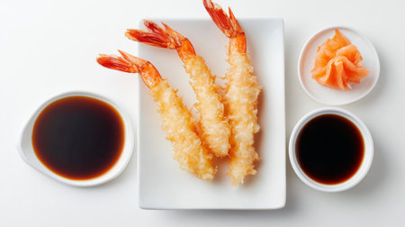 Indulge in crispy tempura shrimp accompanied by savory dipping sauces and a touch of wasabi, perfect for a delightful dining experience.の素材