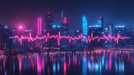 A stunning city skyline at night with a neon heartbeat line overlay, reflecting vibrant colors on the water, showcasing urban life and energy.の素材