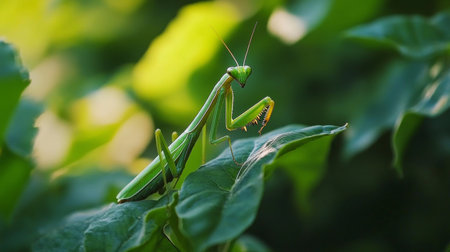 A striking close-up of a green praying mantis perched on a leaf, showcasing its detailed features and vibrant color in a natural setting, highlighting the beauty of wildlife.の素材