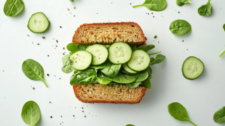 A fresh and nutritious sandwich featuring layers of spinach and cucumber on whole grain bread, perfect for a healthy meal or snack option.の素材