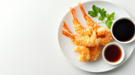 Enjoy a plate of crispy shrimp served with flavorful dipping sauces, perfect for appetizers or snacks at any gathering or dining occasion.の素材