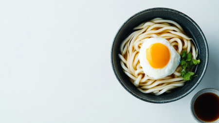 A bowl of udon noodles topped with a perfectly poached egg, served with a side of dark sauce. Perfect for a comforting meal at any time.の素材