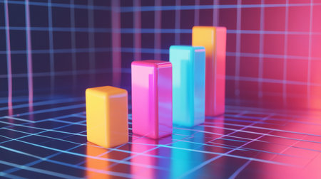 A vibrant 3D bar graph displays colorful bars on a digital grid background, symbolizing data analysis, technology, and growth in modern marketing.の素材