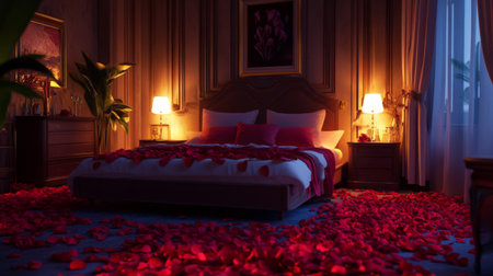 A serene romantic bedroom featuring a bed adorned with soft pillows and scattered petals, illuminated by gentle lights, creating a warm inviting atmosphere perfect for relaxation.の素材