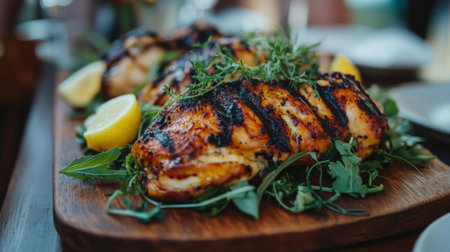 Succulent grilled chicken garnished with fresh herbs and lemon slices, beautifully arranged on a wooden platter. Perfect for summer gatherings and outdoor dining.の素材