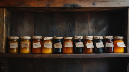 A collection of colorful jars filled with homemade preserves, showcasing vibrant fruits and natural ingredients. Perfect for kitchen decor or seasonal gifts.の素材