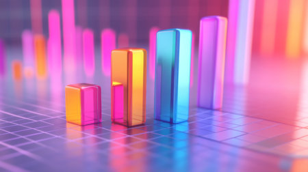 A vibrant and colorful bar graph set against a digital background, showcasing data visualization and analysis trends in finance and business.の素材