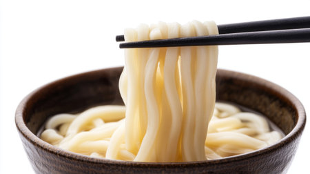 A close-up of delicious noodles being lifted with chopsticks from a dark bowl. Perfect for showcasing Asian cuisine and dining experiences.の素材
